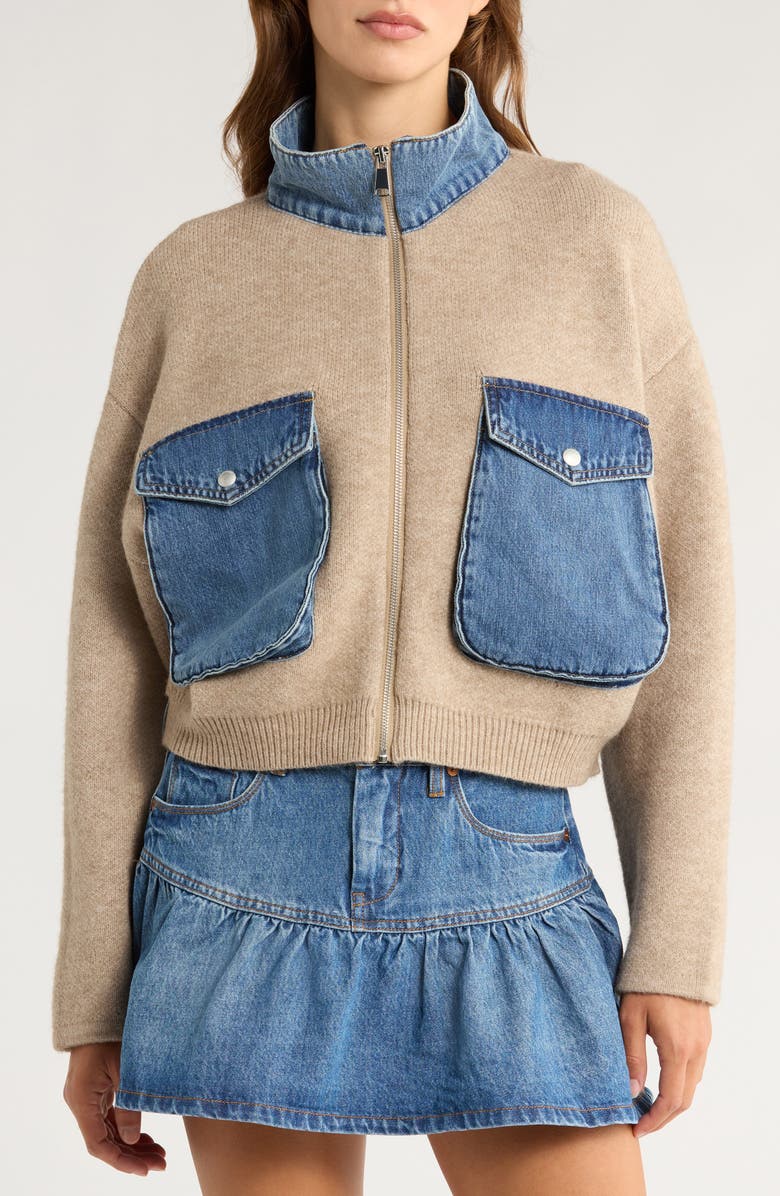 BLANKNYC Sweater Denim Bomber Jacket, Alternate, color, 