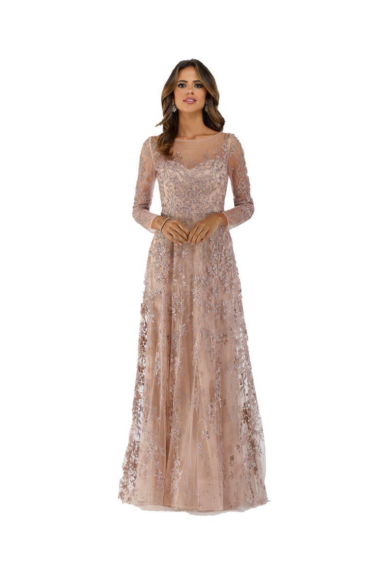 Illusion Neckline A-line Long Sleeves Gown, Main, color, Blush