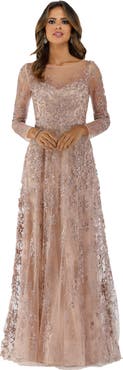 LARA New York Illusion Neckline A-line Long Sleeves Gown