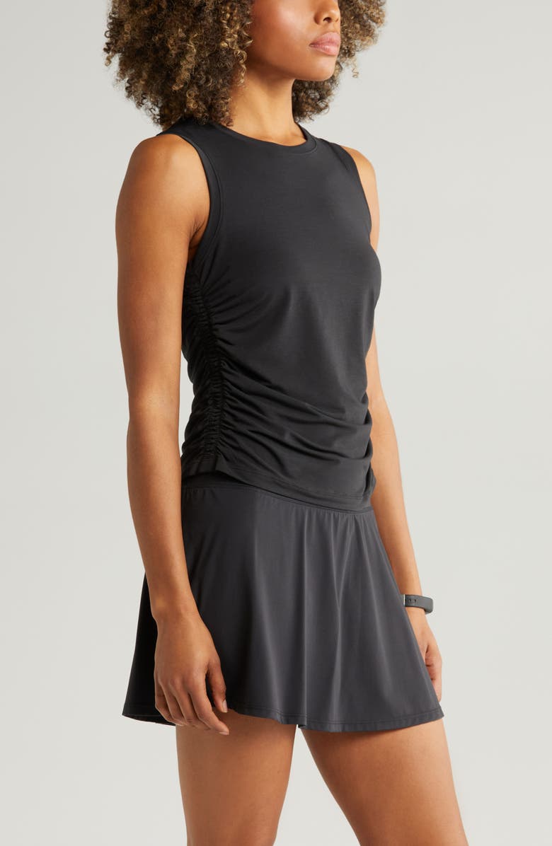 Zella Breathe Ruched Tank, Alternate, color, Black