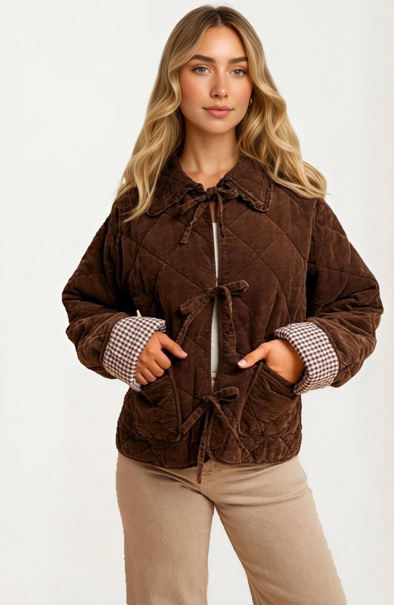 Knit and Lounge Quilted Tie Front Gingham Cuff Jacket, Main, color, 