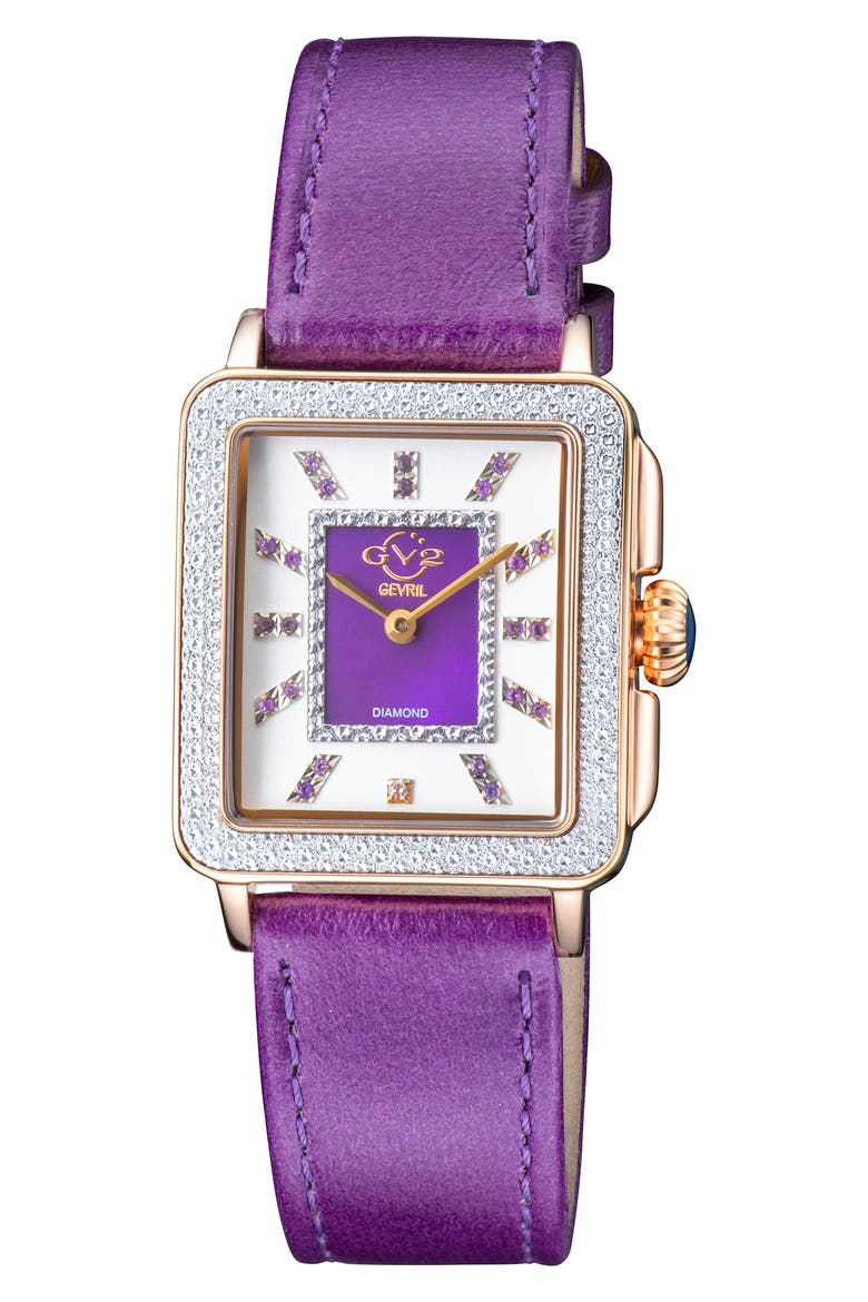 Women's Padova Gemstone Leather Strap Square Watch, 27 mm x 30 mm - 0.0116 ctw, Main, color, PURPLE