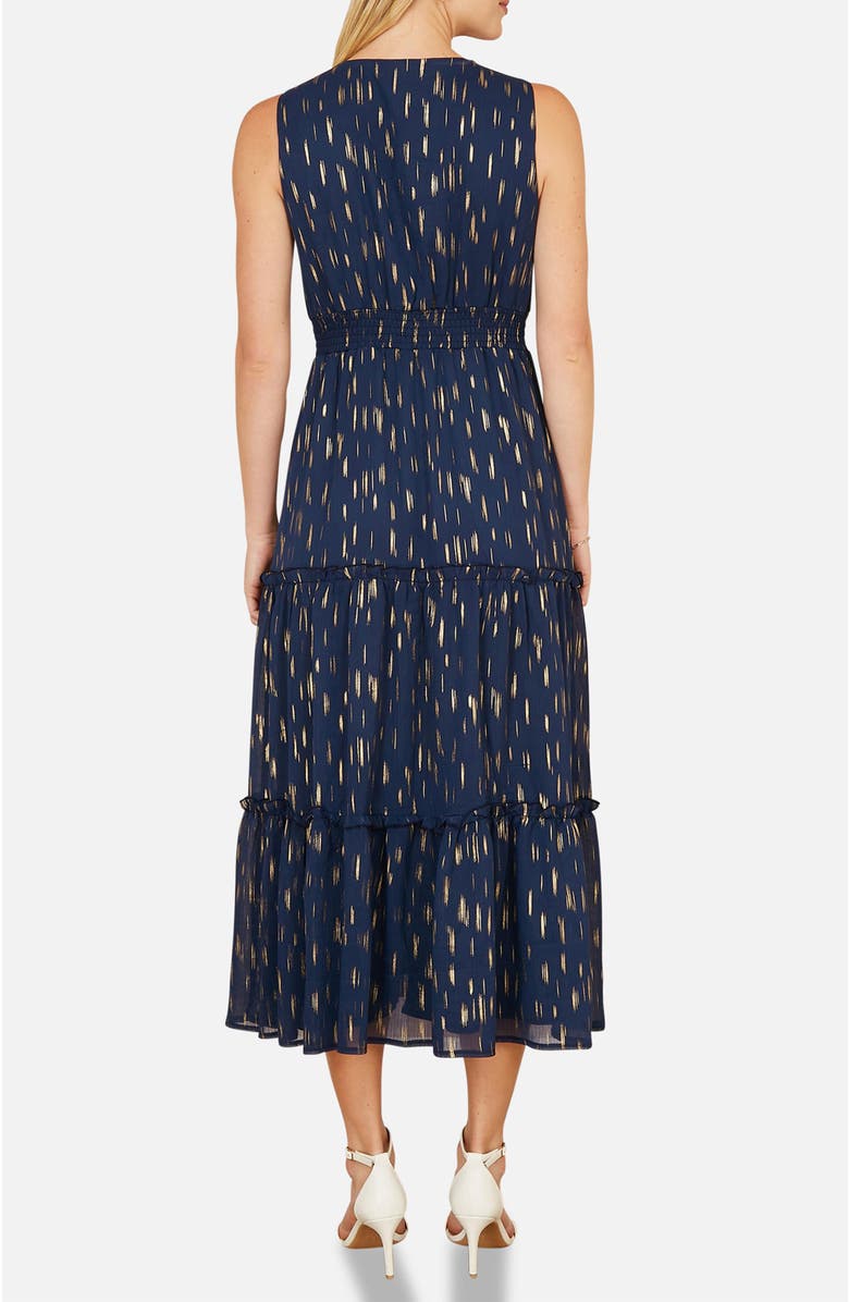 Yumi Foil Print Ruched Waist Midi Dress, Alternate, color, Navy