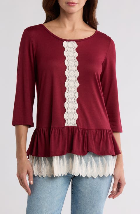 Lace Trim Long Sleeve Peplum Top