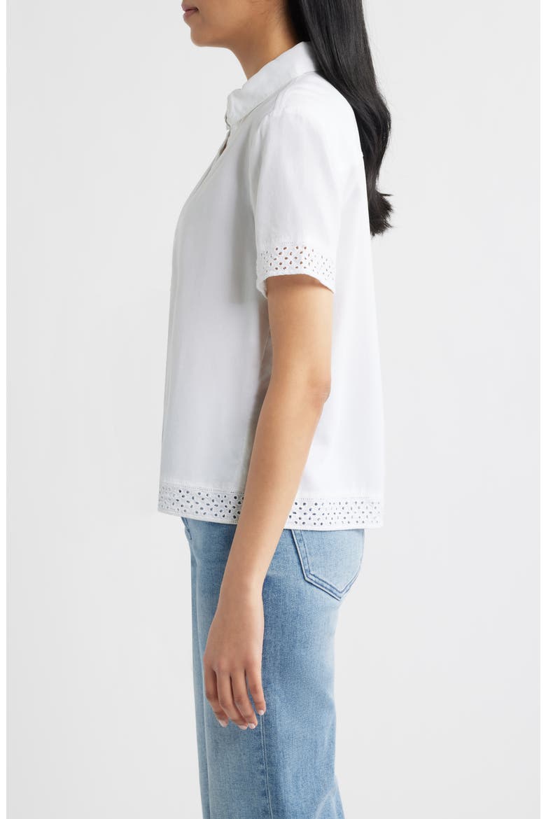 Lace Trim Short Sleeve Button-Up Shirt, Alternate, color, WHITE