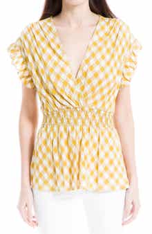 MAX STUDIO Gingham Smocked Waist Flutter Blouse