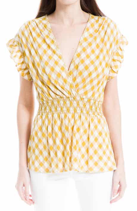 MAX STUDIO Gingham Smocked Waist Flutter Blouse