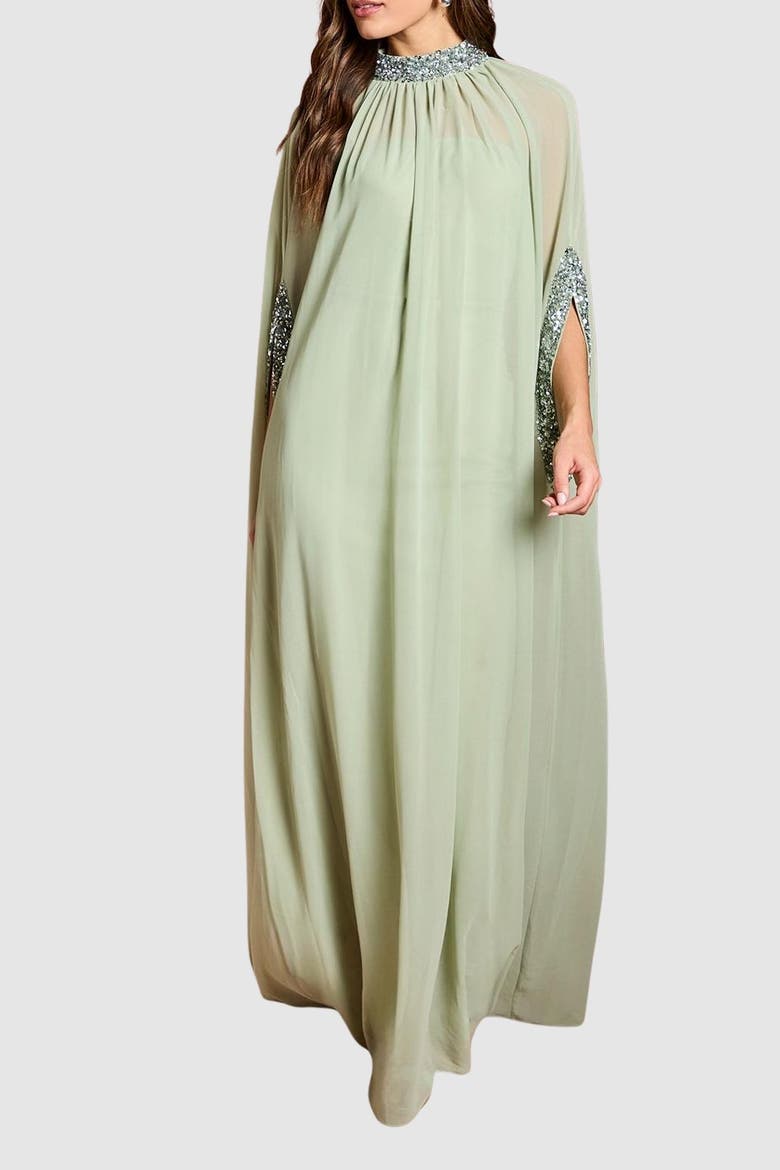 Chiffon Cape Style Sequin Maxi Dress, Alternate, color, Sage