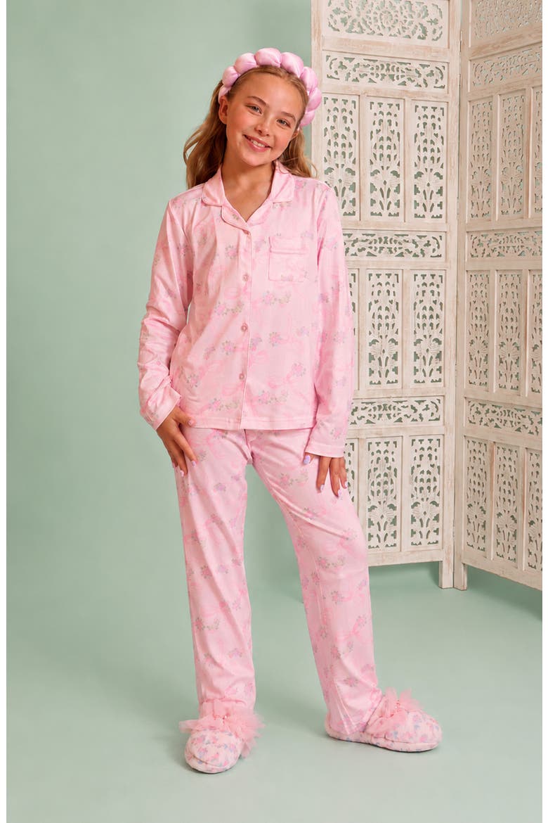 Kids' Bow Floral Pajamas & Headband Set, Alternate, color, POWDER PINK