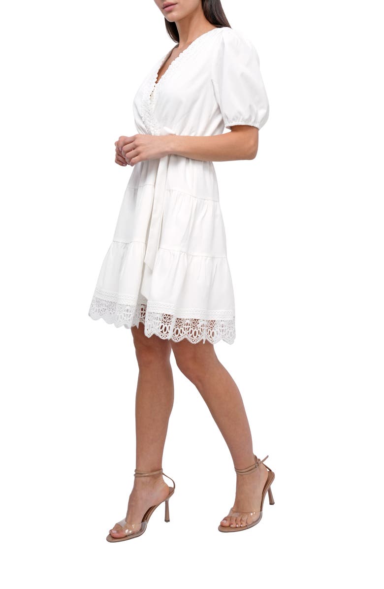 Adelyn Rae Connie Lace Trim Mini Wrap Dress, Alternate, color, White