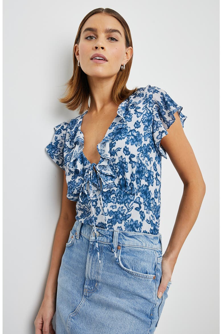 Carmine Floral Flutter Sleeve Top, Alternate, color, CHAMBRAY FLORAL