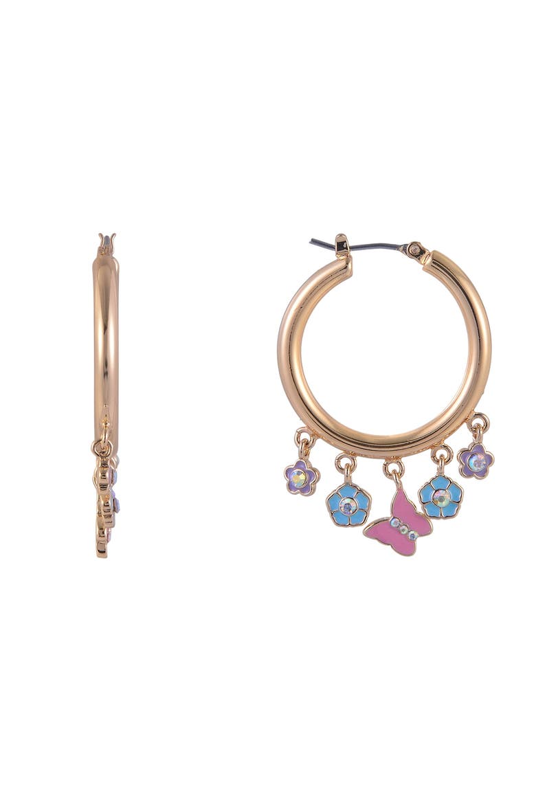 Gold Tone Hoop Earrings with Enamel Flower Drops, Alternate, color, Pink