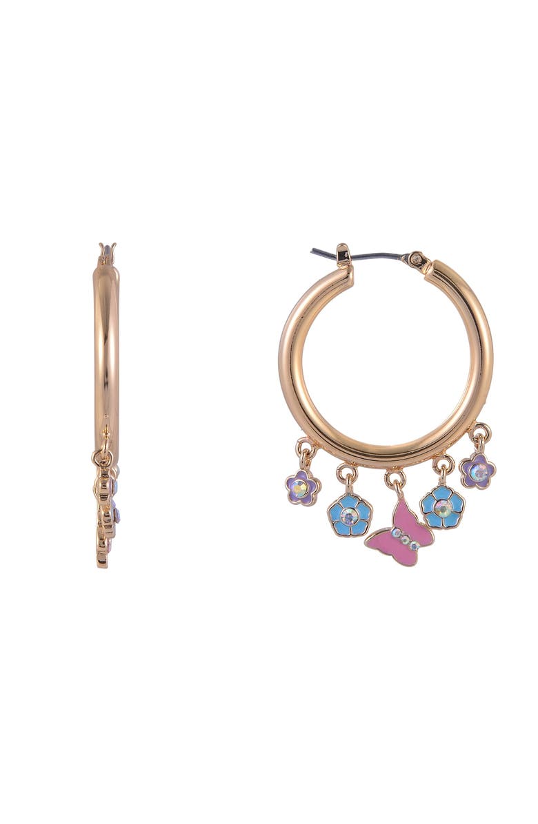 Hallmark Gold Tone Hoop Earrings with Enamel Flower Drops, Alternate, color, Pink