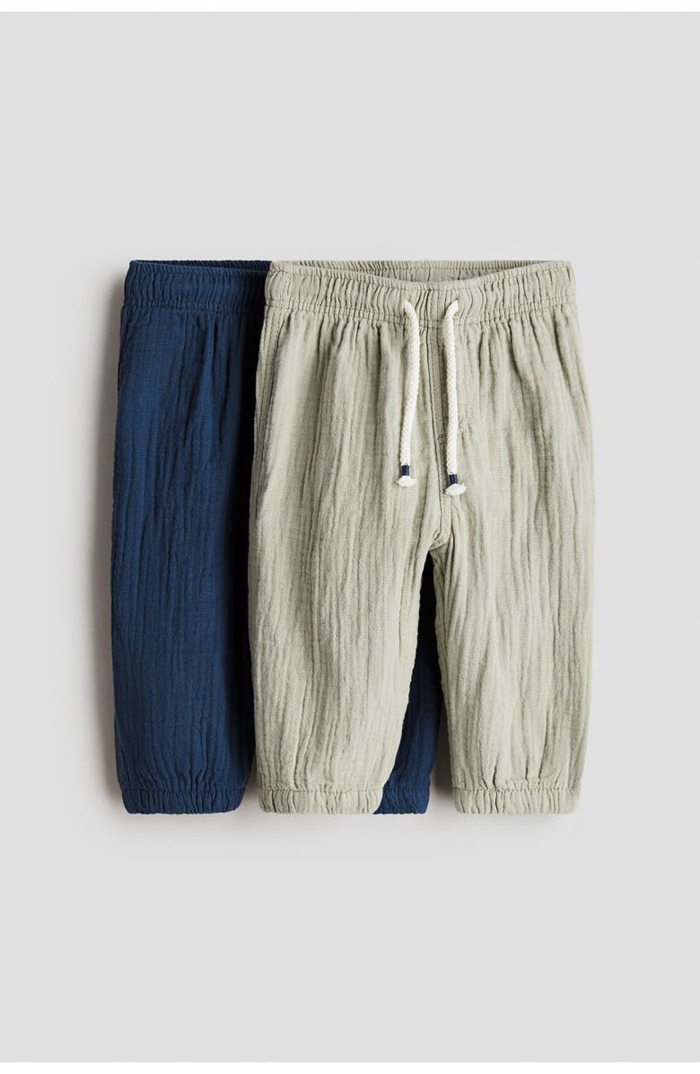 H&M 2-pack Cotton Muslin Trousers, Main, color, Dark Blue/Light Khaki Green