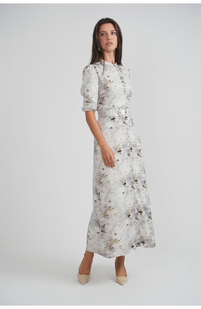 Coco de la Mour Chiffon Button-Front Belted Waist Maxi Dress, Alternate, color, White/Stone