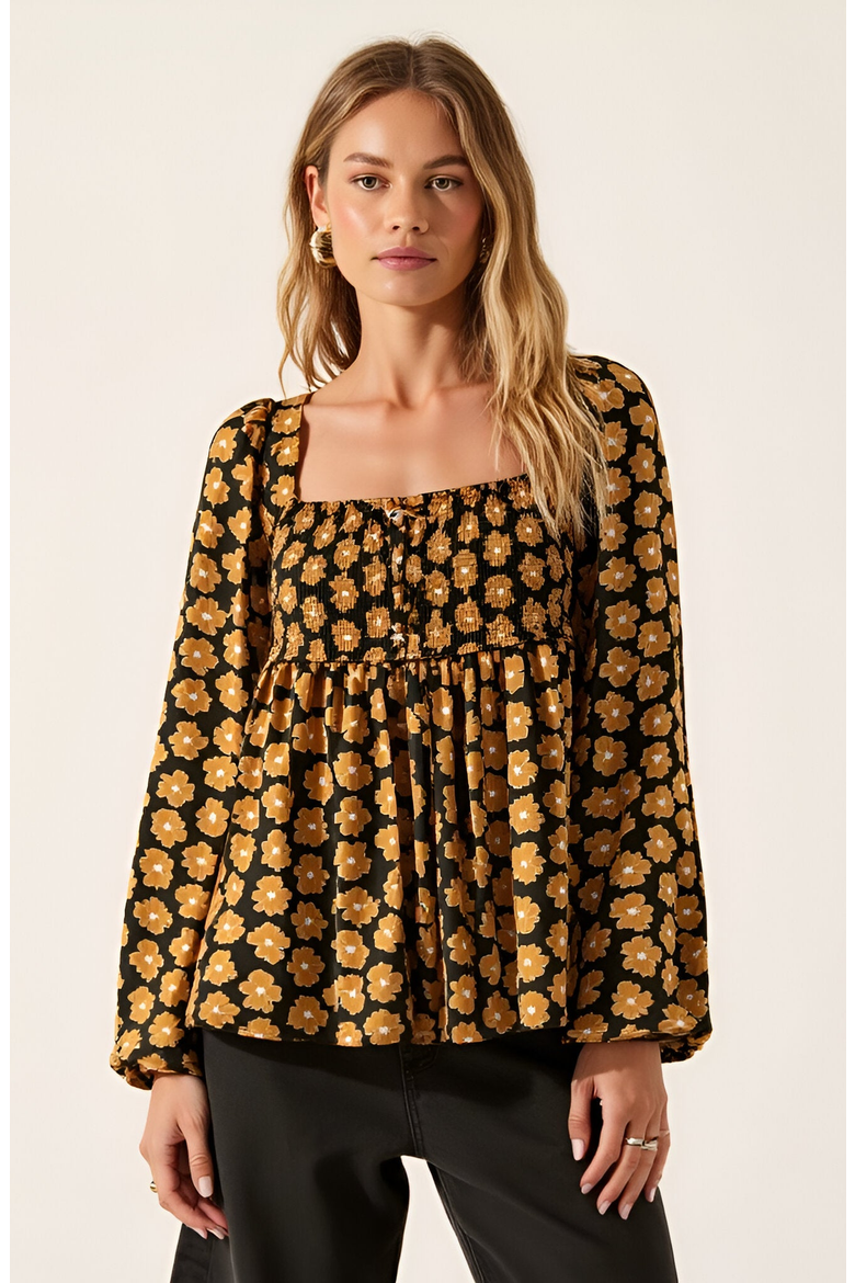 Floral Print Smocked Bodice Long Sleeve Top with Square Neckline, Main, color, Floral Print