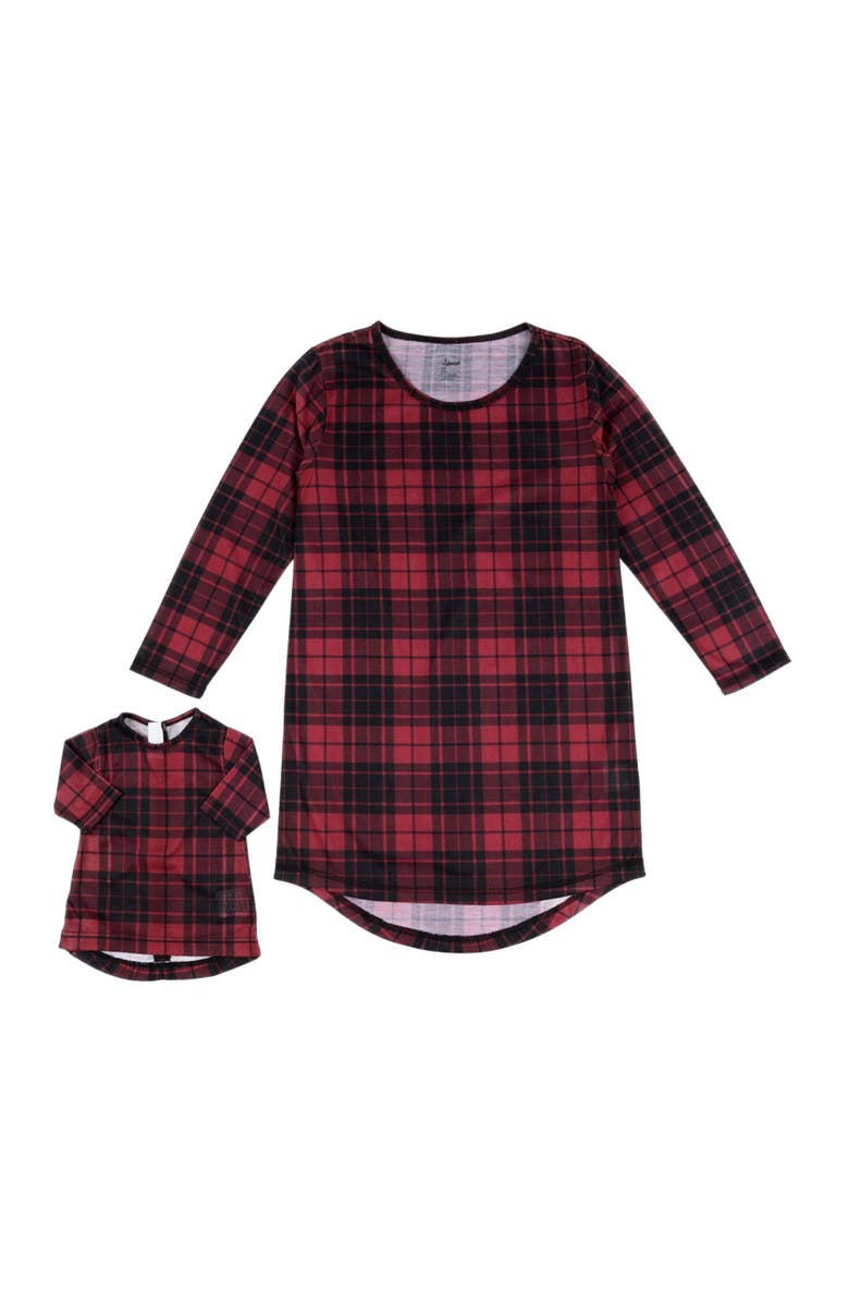 Leveret Girls Long Sleeve Nightgown with Matching Doll Nightgown, Printed Design, Alternate, color, Plaid Black 
Red