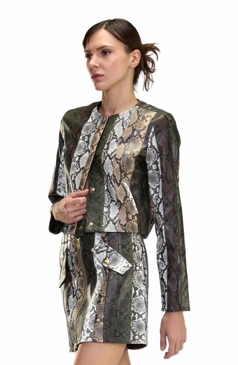 Cynthia Rowley Snake-Embossed Vegan Leather Cropped Jacket, Alternate, color,