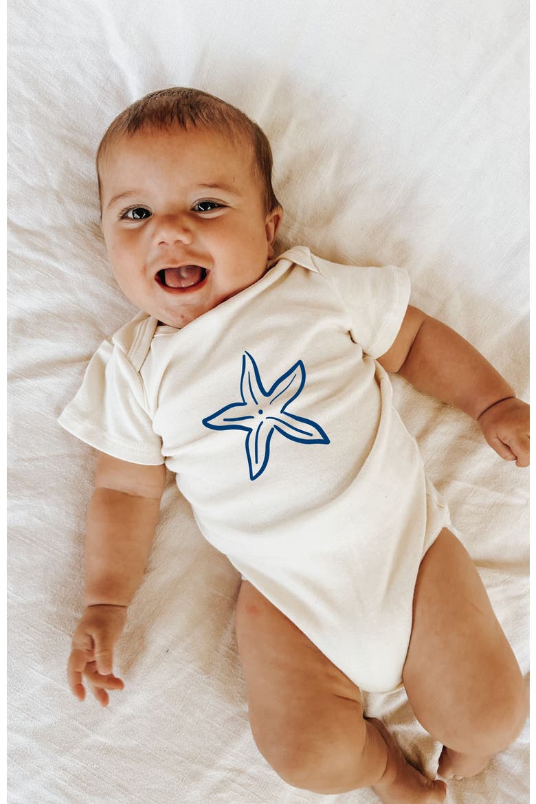 Starfish Organic Cotton Baby Bodysuit, Alternate, color, Natural with Nautical Blue