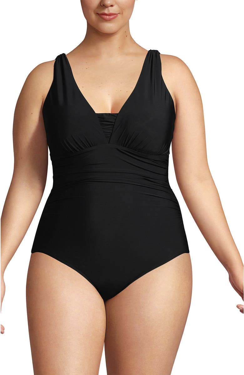Lands' End Plus Size DD-Cup Slender Grecian Tummy Control Chlorine Resistant One Piece Swimsuit, Alternate, color, Black