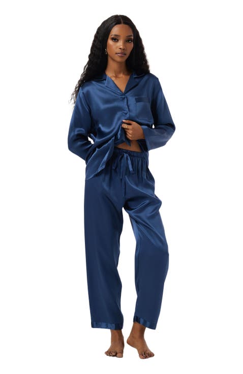 Silk Button Up Collared Women's Pajama Set