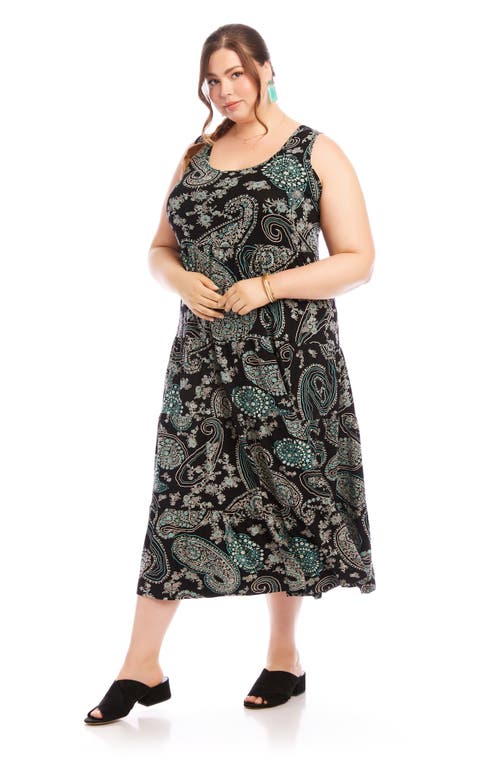Karen Kane Sleeveless Midi Dress In Aqua Color Paisley Print On Black In Paisley