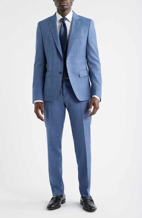 BOSS Huge Slim Fit Blue Plaid Wool Suit
