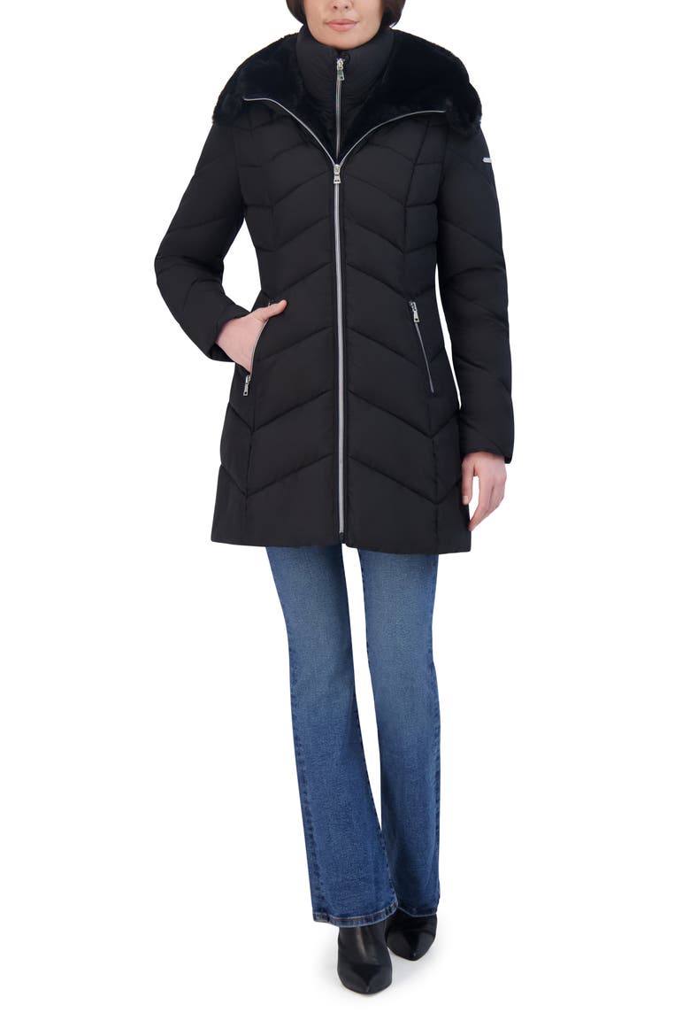 Faux Fur Trim Bibbed Puffer Jacket, Alternate, color, BLACK