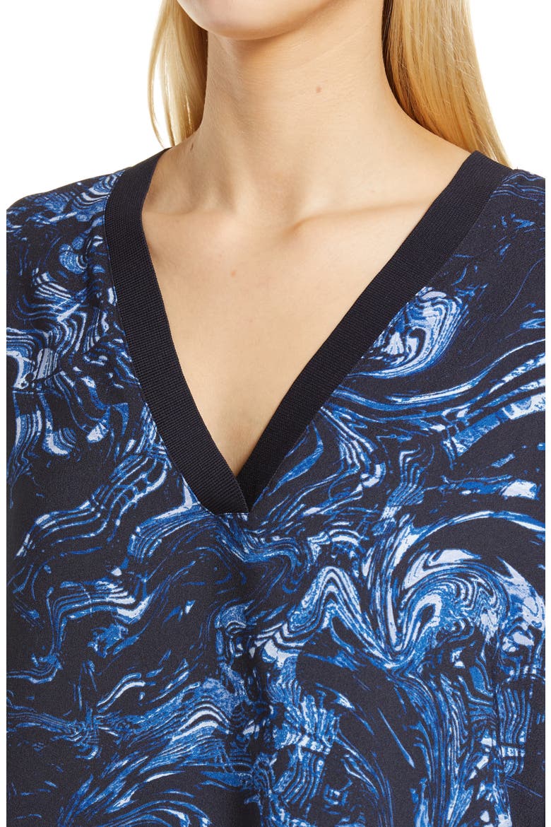 Rib Trim Woven Top, Alternate, color, NAVY- BLUE WOODLAND MARBLE