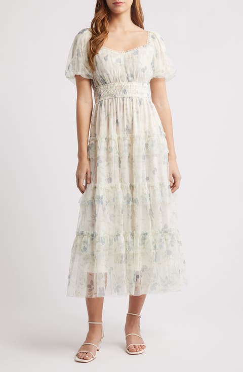 Kailany Floral Bubble Sleeve Smocked Tiered Midi Dress main image 1
