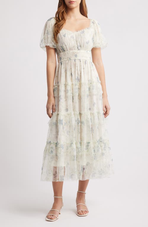Moon River Floral Short Sleeve Tiered Mesh Midi Dress In Ivory Multi