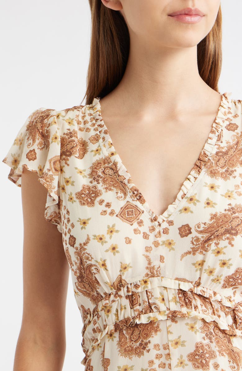 PAIGE Eleonora Ruffle Print Silk Midi Dress, Alternate, color, Ecru Multi