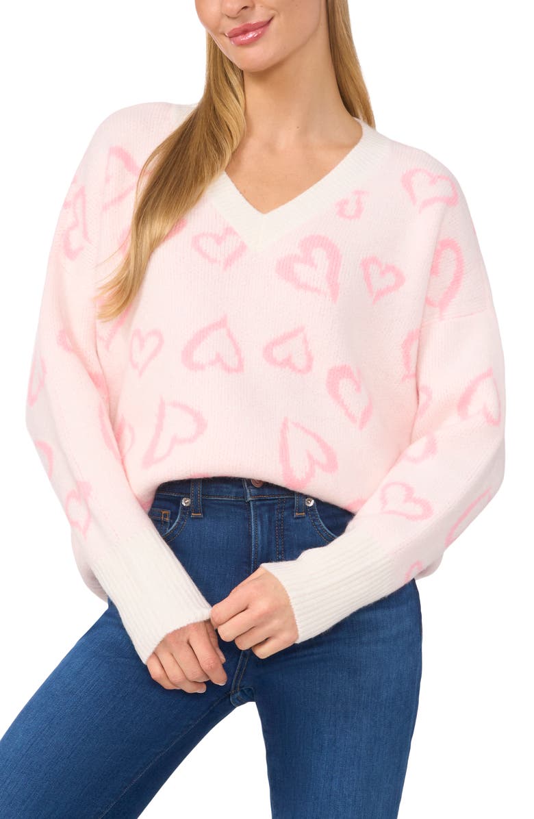 CeCe Heart V-Neck Sweater, Main, color, 