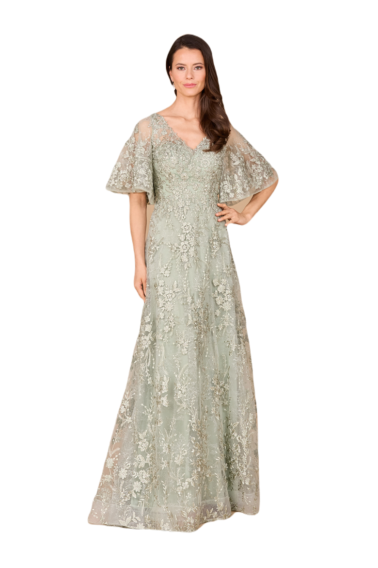 V-neck, Cape Sleeve Gown, Main, color, Sage