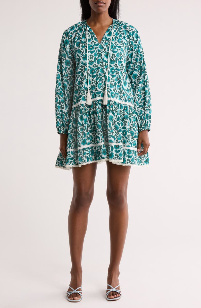 Maisie Tassel Tie Long Sleeve Tiered Minidress, Main, color, Turquoise / Ivory
