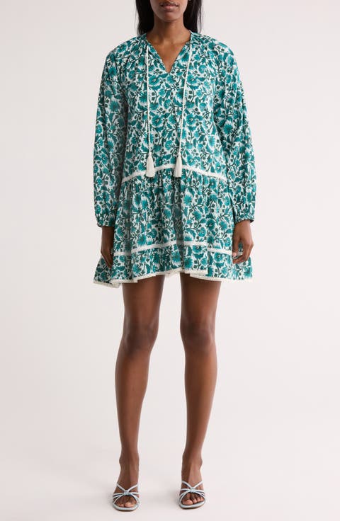 Tassel Tie Long Sleeve Tiered Minidress