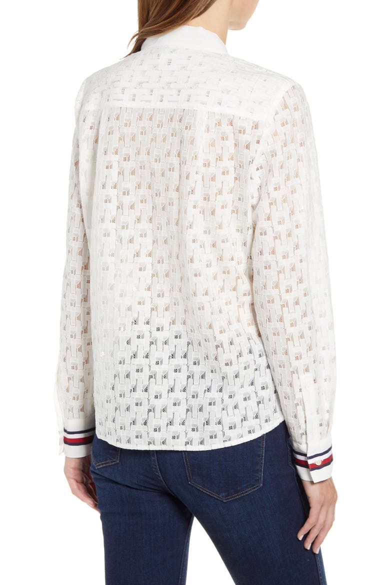 Tie Front Lace Button Up Top, Alternate, color, BRIGHT WHITE