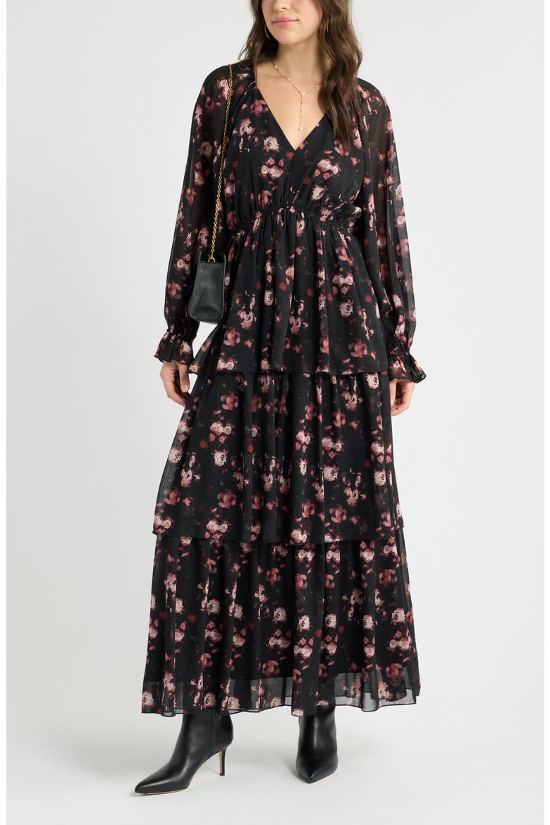 Tiered Long Sleeve Maxi Dress, Alternate, color, BLACK FLORAL