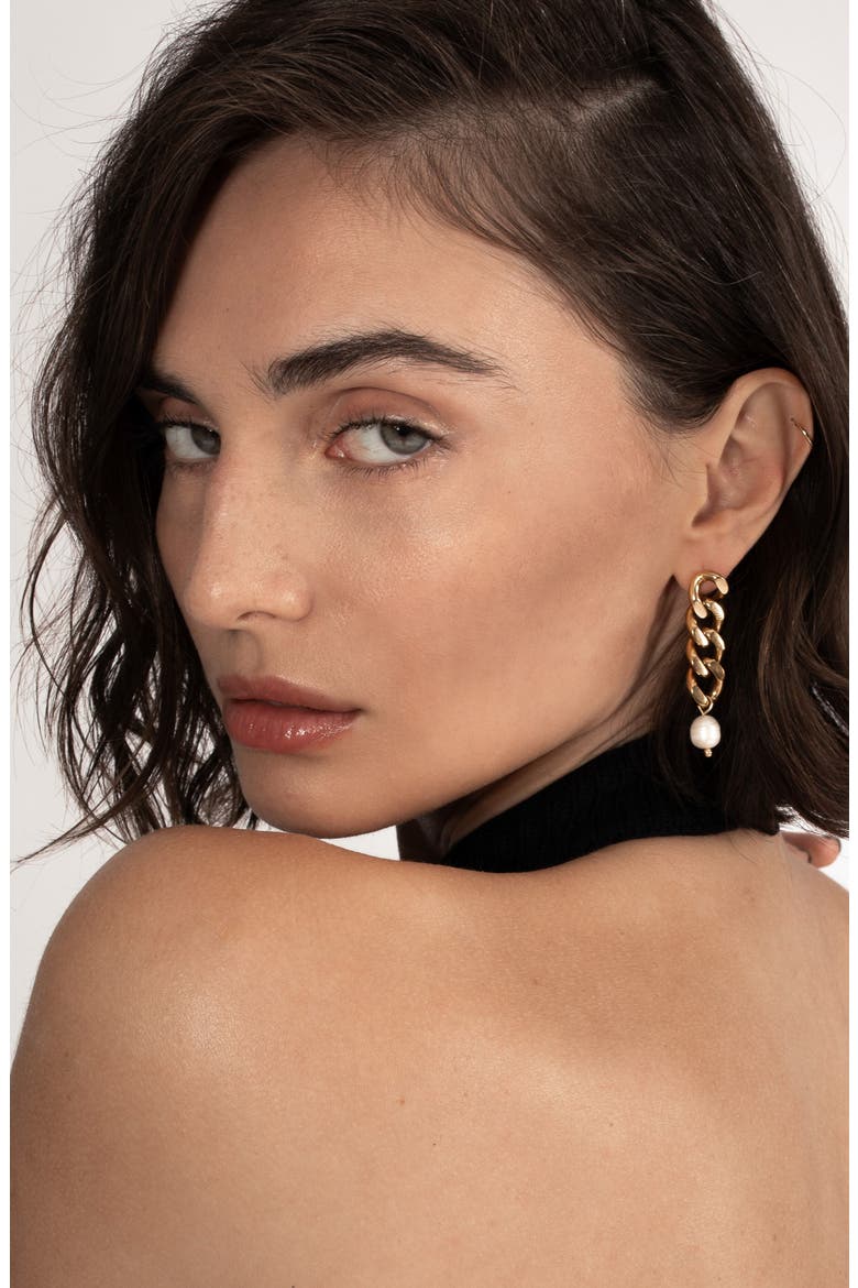 Imitation Pearl Curb Chain Drop Earrings, Alternate, color, WHITE/ GOLD