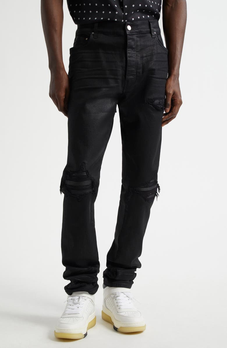 AMIRI MX1 Leather Patched Distressed Waxed Jeans, Main, color, Black