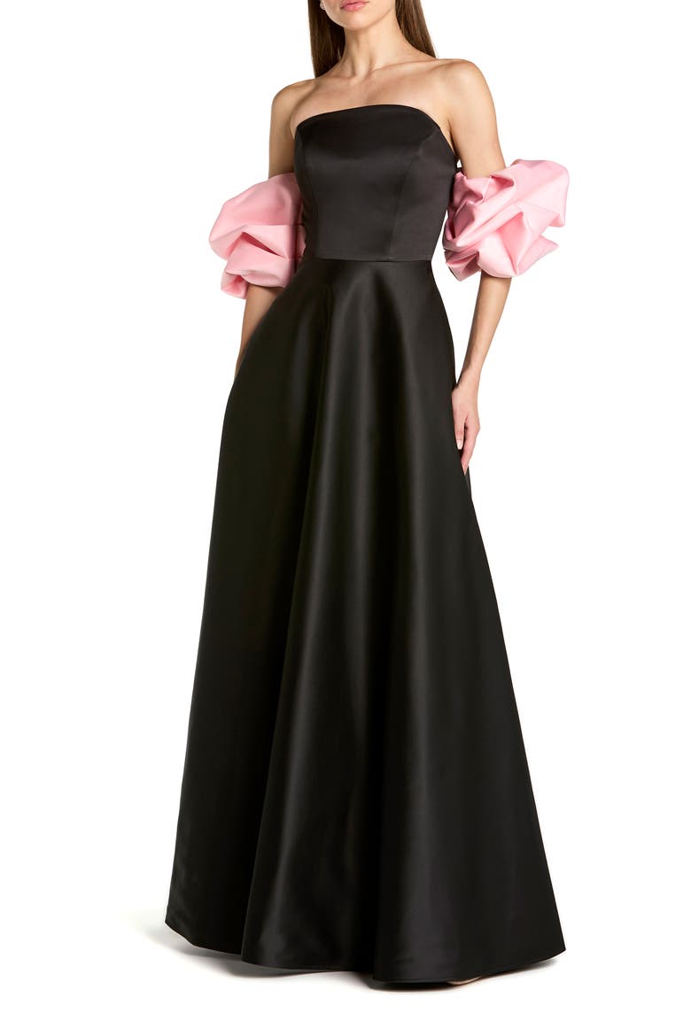 Satin Off The Shoulder Puff Sleeve Ball Gown, Main, color, Black Pink