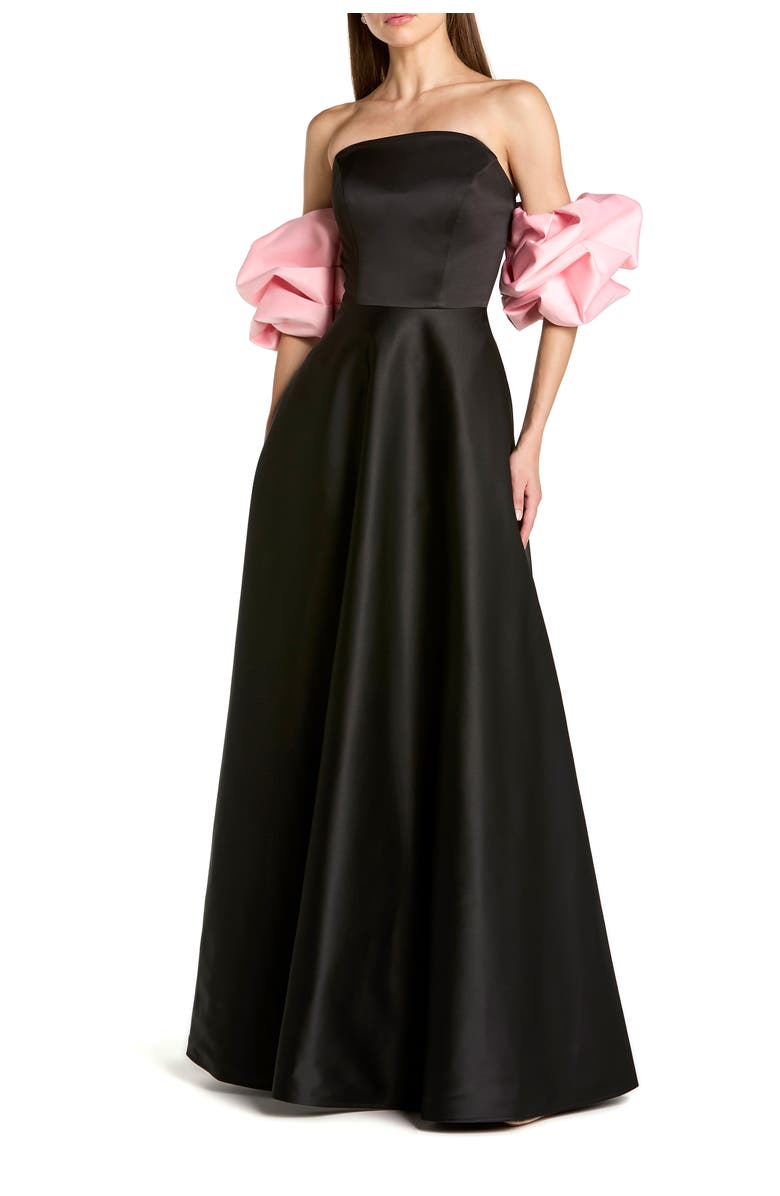 Mac Duggal Satin Off The Shoulder Puff Sleeve Ball Gown, Main, color, Black Pink