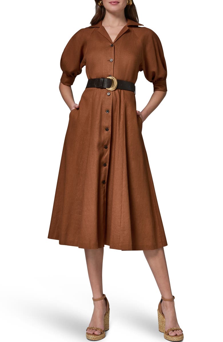 Donna Karan New York Linen Blend Midi Shirtdress, Main, color, Cognac
