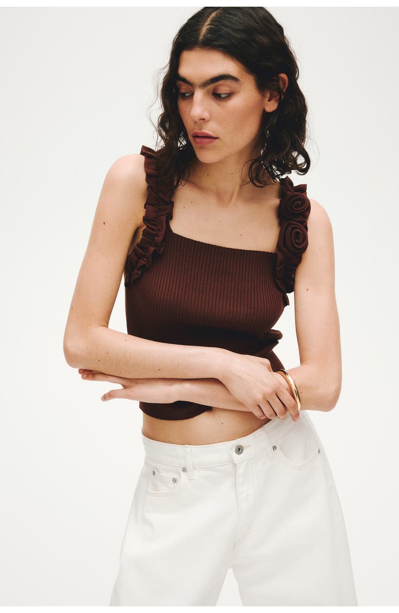 H&M Rose-appliquéd Rib-knit Top, Alternate, color, Rust Brown