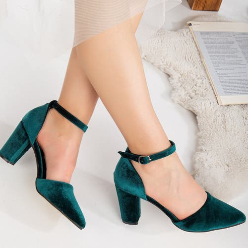 Forever & Always Shoes Gisele Closed Toe High Block Heels In Emerald Green
