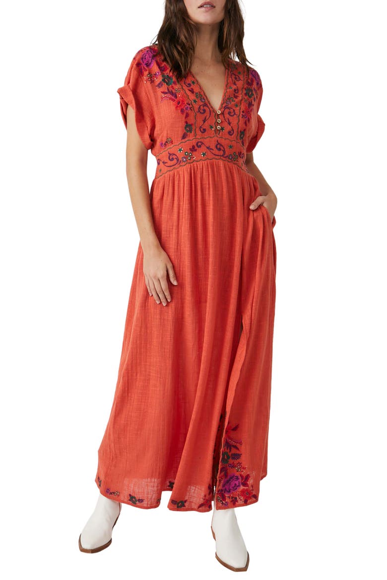 Maisle Embroidered Maxi Dress, Main, color, TIGER RED COMBO