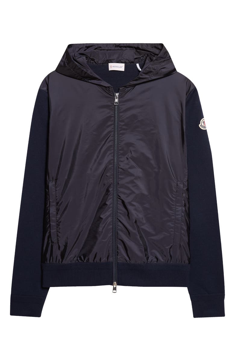 Moncler Mixed Media Hooded Cardigan, Main, color, Obsidian Blue