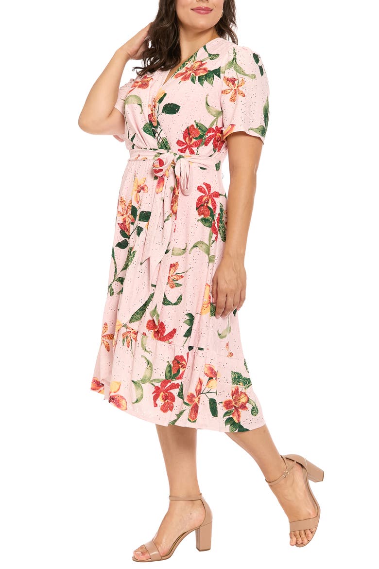Floral Short Sleeve Faux Wrap Dress, Alternate, color, PINK/ YELLOW
