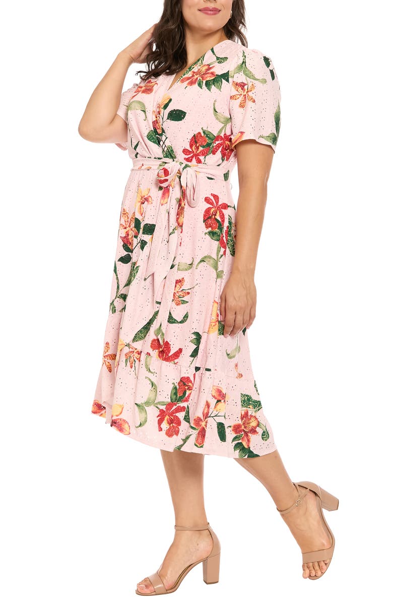 London Times Floral Short Sleeve Faux Wrap Dress, Alternate, color, Pink/ Yellow