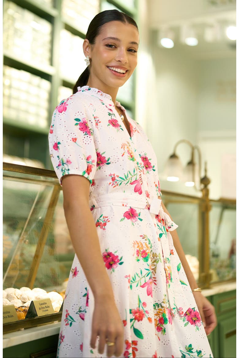 Broderie Anglaise Midi Shirt Dress, Alternate, color, White